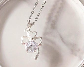 Silver Plated Shamrock Necklace, Four Leaf Clover Pendant