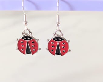 Silver Plated Ladybird Earrings, Nature Lover Accessory, Playful Charm Jewelry