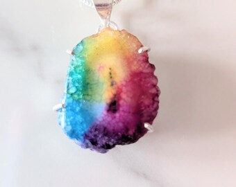 Colourful Rainbow Quartz Pendant Necklace – Handcrafted Boho Style Jewellery with Hook Clasp