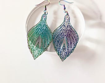 Rainbow Plated Statement Earrings, Large Patterned Dangle Jewellery