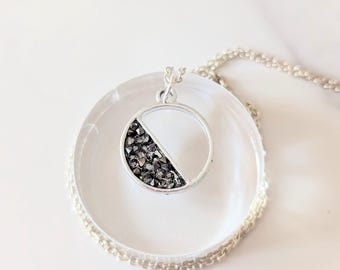 Grey druzy pendant necklace, stylish semi-circle pendant
