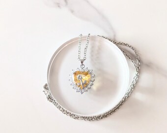 Silver Plated Light Yellow Heart Necklace, Sparkly Crystal Pendant