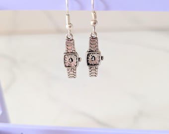 Silver Plated Watch Earrings, Miniature Charm Jewelry, Fashion Accessory