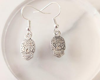 Sugar Skull Earrings: Silver Plated Dia De Los Muertos Jewelry