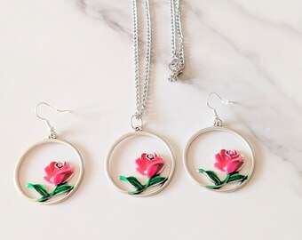 Pink Rose Jewelry Set, Bridesmaids Gift