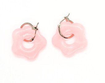 Floral Hoops, Pink Hooped Earrings, Floral Charmed Earrings, Pink Hoops