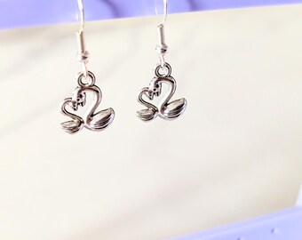 Swan Heart Earrings, Silver Plated Signet Charms, Romantic Jewelry