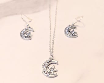 Sparkly Star & Moon Jewellery Set, Celestial Earrings and Necklace Set