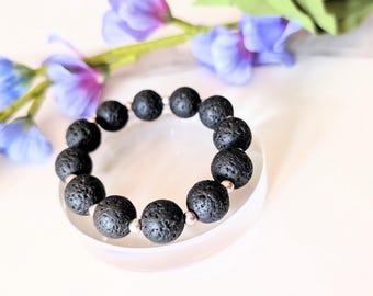 Black Lava Bead Bracelet, Minimal Boho Jewellery