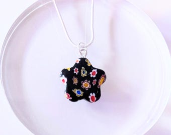Elegant Black Millefiori Chain Necklace with Flower Charm