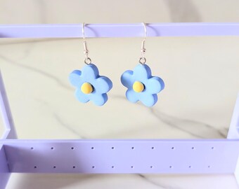 Polymer Clay Flower Earrings, Blue & Yellow Statement Jewellery,