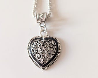 Black Heart Pendant Necklace – Silver Plated Chain, Anniversary Gift