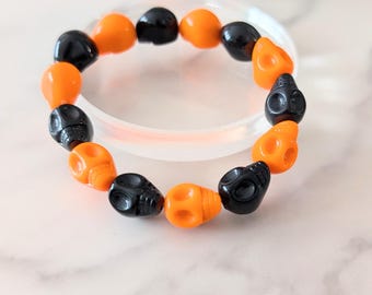 Skull Bracelet, Orange and Black Acrylic Beads, Gothic Jewelry