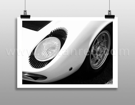 Print from original photograph of a Lamborghini Miura, Black & White, Classic 1960s, Bertone, V12, Sportscar, Italian Job,