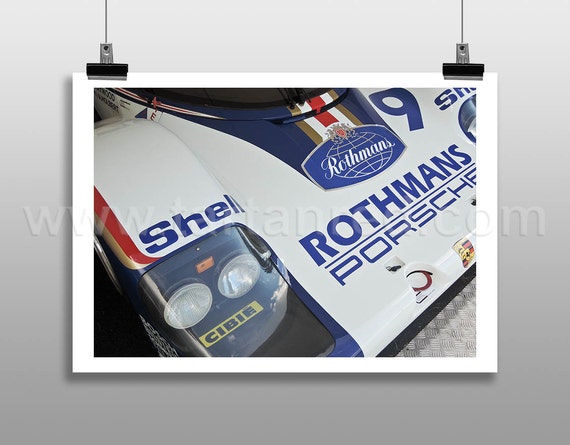 Print from original photograph of a Porsche 962C, Rothmans Livery, Le Mans 24 hour, 1980s Group C Endurance Racing Car, Derek Bell