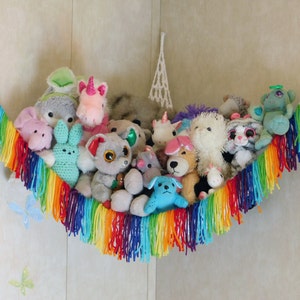 RAINBOW, stuffed ANIMAL STORAGE, toy hammock, toy storage, gift idea, boho, stuffed animal, organize, fringe, rainbow baby, free shipping image 1