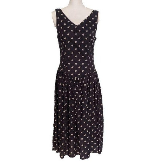 Eileen West Dress 10 Navy Blue Fish Vintage Midi