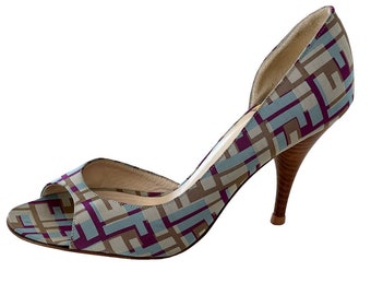 Vintage FENDI ZUCCA FF Monogram Multicolor Fabric Open Toe Heels Pumps  It 38 / us 7.5 - 8