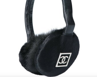 Vintage CHANEL CC Monogram Logo Black FUR & Leather Earmuffs Ear Warmers