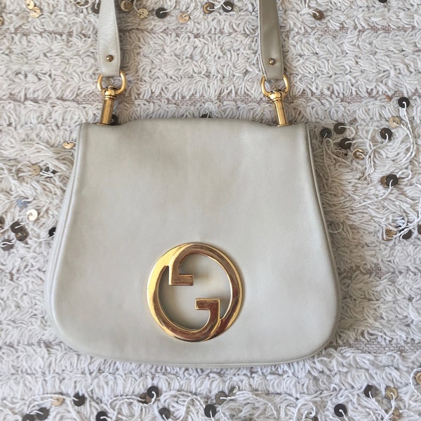 Vintage GUCCI Ivory Winter White Leather BLONDIE Brit 1973 Shoulder Bag Purse Huge Gold GG's - Rare!
