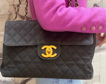 Vintage 90's CHANEL Jumbo Letters Script Maxi CC Logos Monogram Black Fabric Turnlock Crossbody Shoulder Bag Purse Gold Chain Strap