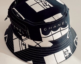 Vintage 90's CHANEL Letter Logo Black White Cotton Windows Coco Print Bucket Hat RARE find!!