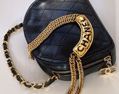 Vintage CHANEL CC Logo Charm Black Quilted Leather Bowler Vanity Bag Clutch Purse Bag Pouch w Gold Chain