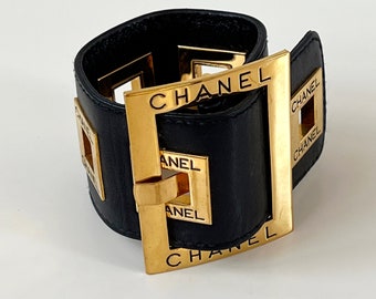 Vintage 80's CHANEL Letters CC Logo Monogram Iconic Large Black Leather Gold Buckle Belt Bracelet Bangle Cuff - Super RARE !!