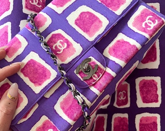 Vintage 90's CHANEL CC Logo Turnlock Logo Pink Purple Print Classic Flap Crossbody Shoulder Bag Silver Double Chain Strap