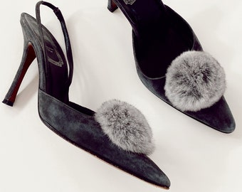 Vintage 90's CHRISTIAN DIOR Paris Gray Suede & Gray FUR Slingback Pumps Heels Slides eu 38 us 7 - 7.5