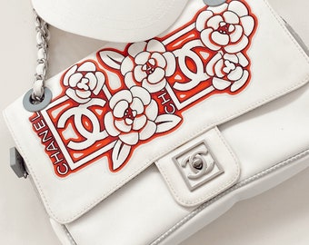 Vintage CHANEL CC Logo Turnlock CAMELLIA Flower Print Chain Classic Single Flap Shoulder Clutch Purse Evening Bag Handbag