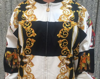 Vintage GIANNI VERSACE Baroque Indian Tribal Print Bomber Jacket Dress top S M - Super RARE!!!