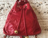 Vintage CHANEL Large Huge CC 39 s Drawstring Red Lambskin Leather Backpack Handbag Shoulder Purse Bag Rucksack w Charm CC Balls