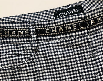 Vintage CHANEL Letter Logo Mania Black White Check GINGHAM Checker Print Pantalones Pantalones FR 38 / S / M