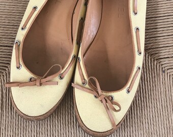 Vintage CHANEL CC Logo Yellow & Tan Canvas Leather Boat Shoes Flats Ballet eu 38.5 us 7.5 - 8