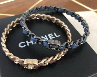 Vintage 90's CHANEL CC TURNLOCK Charm Logo Gunmetal Black Plated Chain Link Navy Blue Leather Bracelet Cuff Bangle Jewelry