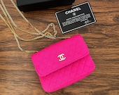 Vintage 90 39 s CHANEL CC Logo Pink Jersey Cotton Fabric Leather Gold Chain MINI Micro Flap Crossbody Purse Bag Handbag Evening Clutch