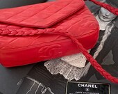 Vintage CHANEL CC Logo Matelasse Quilted Red Leather Chain BRAIDED handle Flap Shoulder Bag Clutch Purse