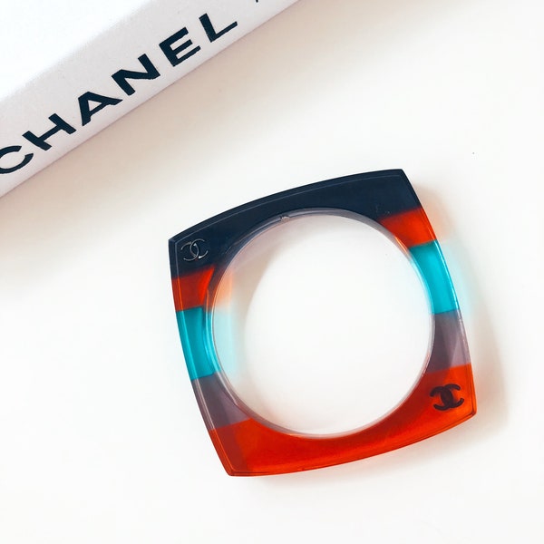 Vintage 90's CHANEL CC Logos Monogram RAINBOW Resin Cuff Bangle Bracelet jewelry
