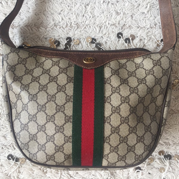 Vintage XL GUCCI GG Supreme Saddle Bag Accessories Collection Webbing Brown Monogram Logo Coated Canvas Clutch Crossbody Shoulder Purse