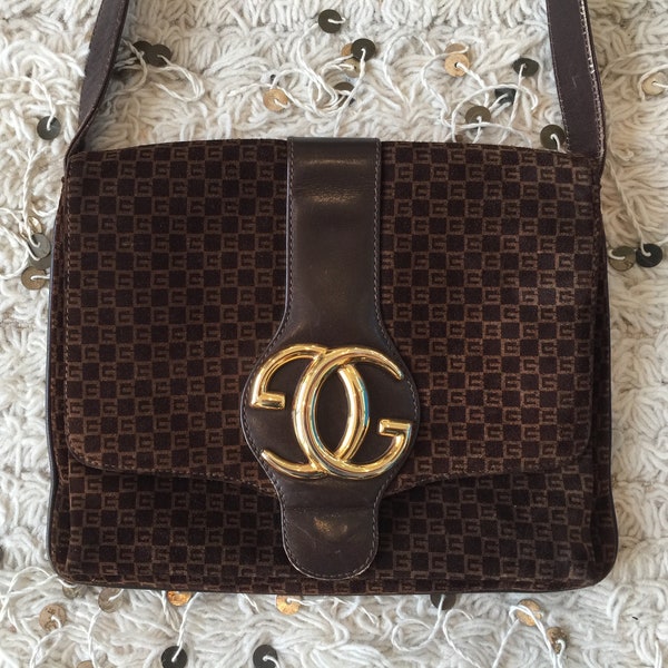 Vintage 70's GUCCI GG BLONDIE Brit Monogram Retro Suede Leather Shoulder Bag Purse Crossbody Messenger Clutch - Rare!