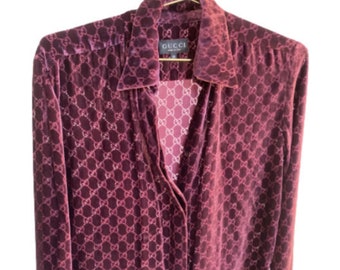 Vintage GUCCI GG MONOGRAM Silk Velvet Burnout Button Down Long Sleeve Devore Shirt - Coveted style!