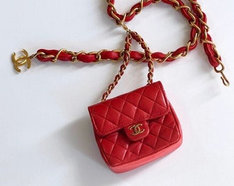 Vintage 90s CHANEL CC Red Quilted Leather Gold Chain Fanny Waist Bum Belt MICRO Mini flap Bag ~ Excellent
