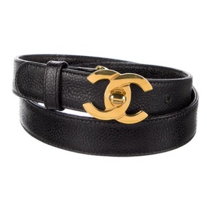 Vintage 90's CHANEL CC TURNLOCK Black Leather Waist Belt 