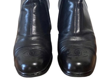 Vintage CHANEL Huge CC Logo Monogram BLACK Leather Boots Booties Moto Combat Riding eu 37 us 6 - 6.5  - Rare!!