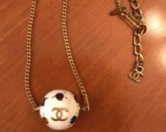 Vintage 90's CHANEL CC Logo Gold w Ivory Enamel Ball Charm Pendant Necklace Jewelry