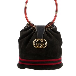 Gucci Black Suede and Leather Shoulder Bag Tote with Stripes ref