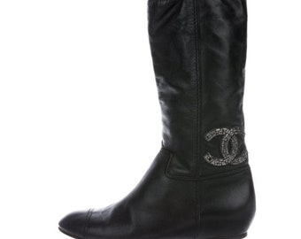Vintage CHANEL CC Logo Black Leather Slouch Scrunch Pirate Moto Boots 37.5 / 6.5 - 7