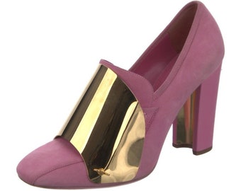 Vintage YSL Yves Saint Laurent Rive Gauche Pink Suede Leather Pumps Heels with Gold Metal Detailing It 39 US 8.5 - 9