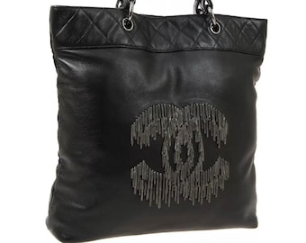 Vintage CHANEL Large CC Logo Monogram Chain Fringe Black Leather Shoulder Bag Tote Purse